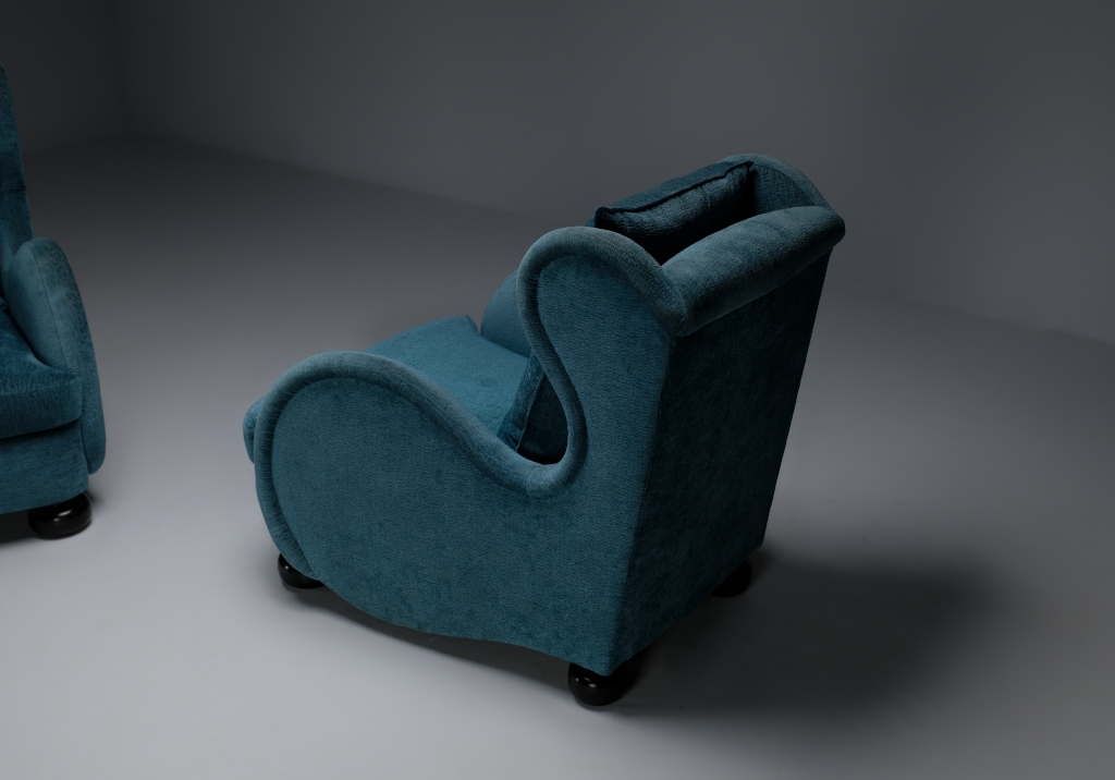 Pair of Armchairs by René Drouet: Top view from behind one of the armchairs
