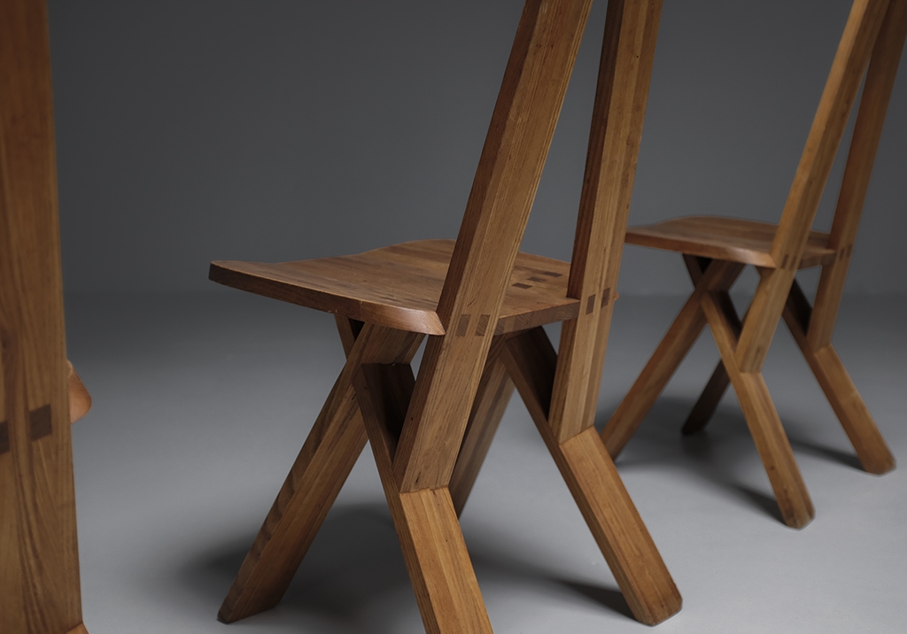 Pierre Chapo S45 chairs : details of wood work in the back of the chairs