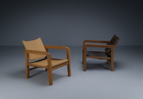 Beech Armchairs: overview of both chairs in front of each other