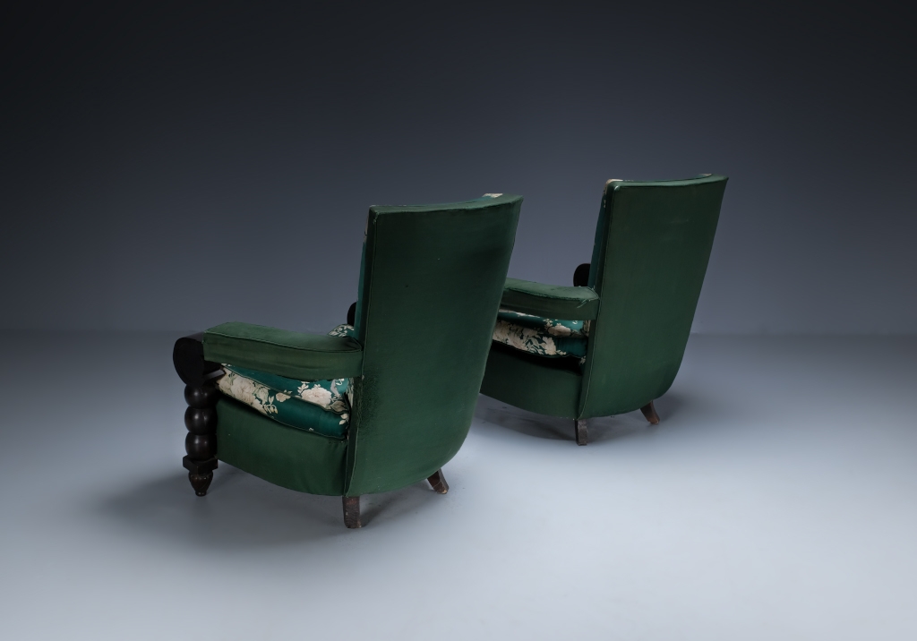 Art Deco Armchairs: back overview of both pieces next to each other